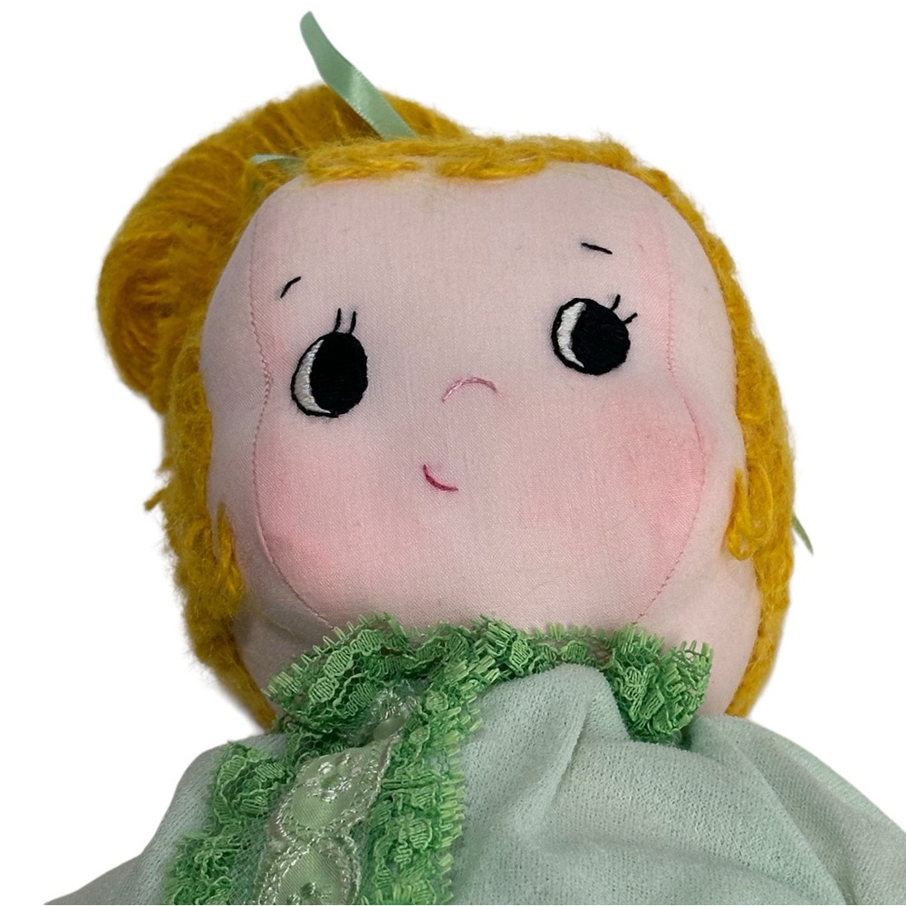 handmade Petty Doll vintage girl blonde hair green soft body outfit 16 In - Picture 3 of 6